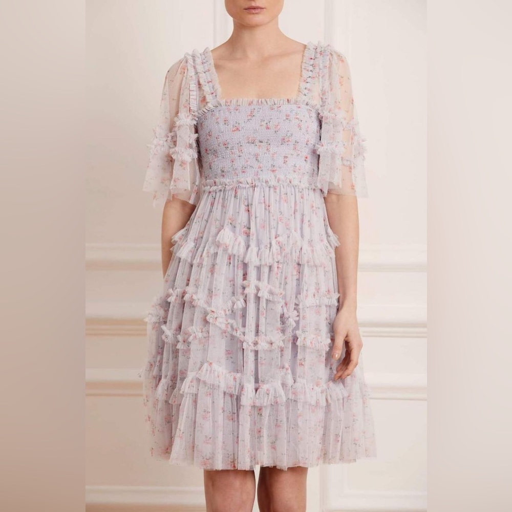 Needle & Thread Gray and White Smocked Puff Sleeve Midi Dress
